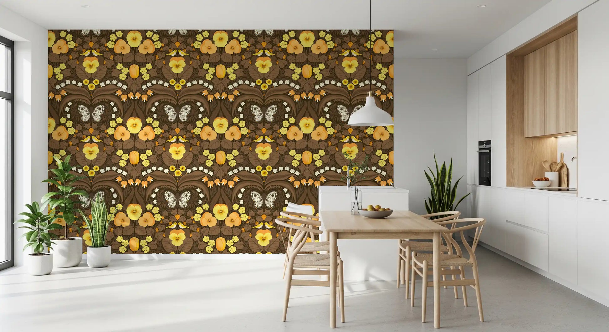 Yellow pansies and brown leaves pattern wallpaper for a dining room feature wall.