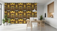 Yellow pansies and brown leaves pattern wallpaper for a dining room feature wall.