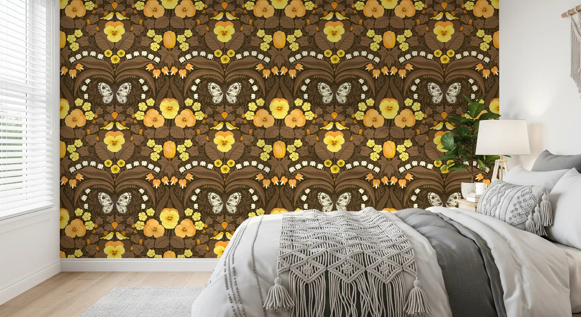 Symmetrical butterflies and floral themed wallpaper for a bedroom.