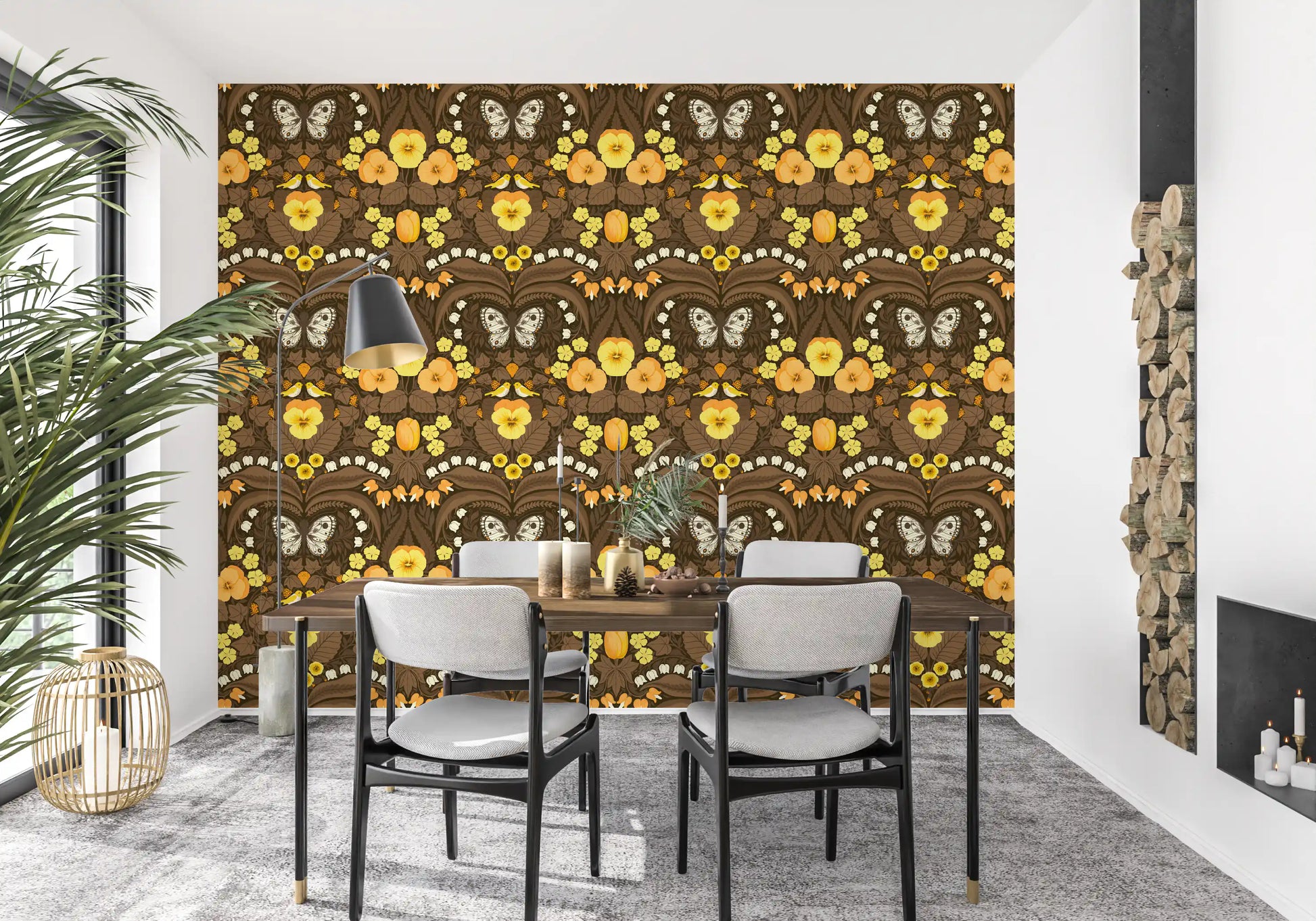 Vintage style yellow pansies and Lily of the Valley floral print wallpaper.