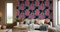 Hand-drawn pink flower clusters with blue leaves on dark Lilac Wallpaper., GD9825