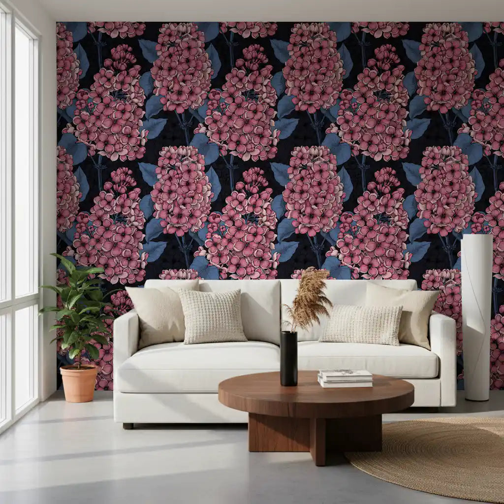 Guest room wallpaper featuring hand-drawn pink lilac and blue foliage., GD9825
