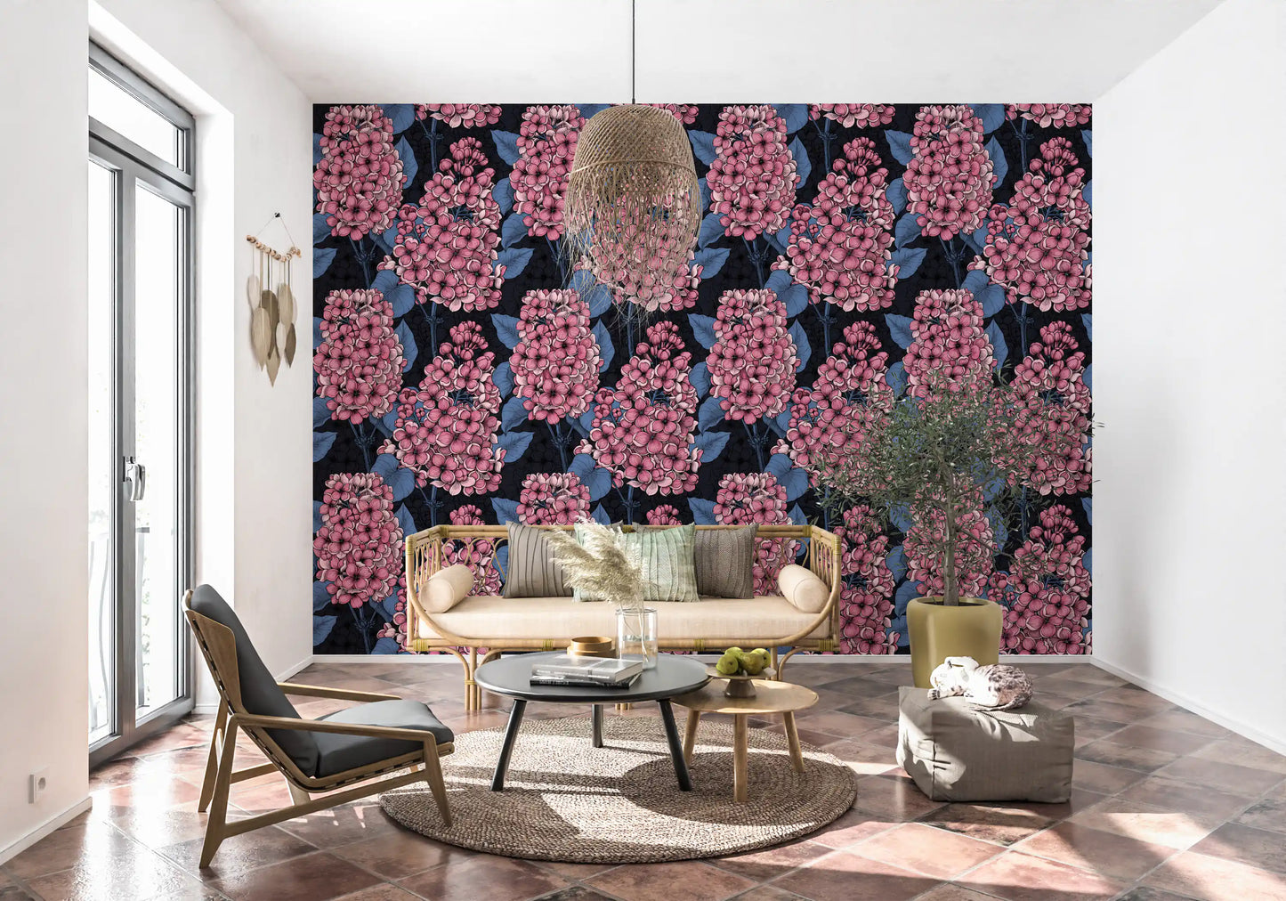 Living room wallpaper with illustrated pink lilac and blue leaf stems., GD9825
