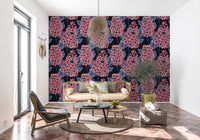 Living room wallpaper with illustrated pink lilac and blue leaf stems., GD9825