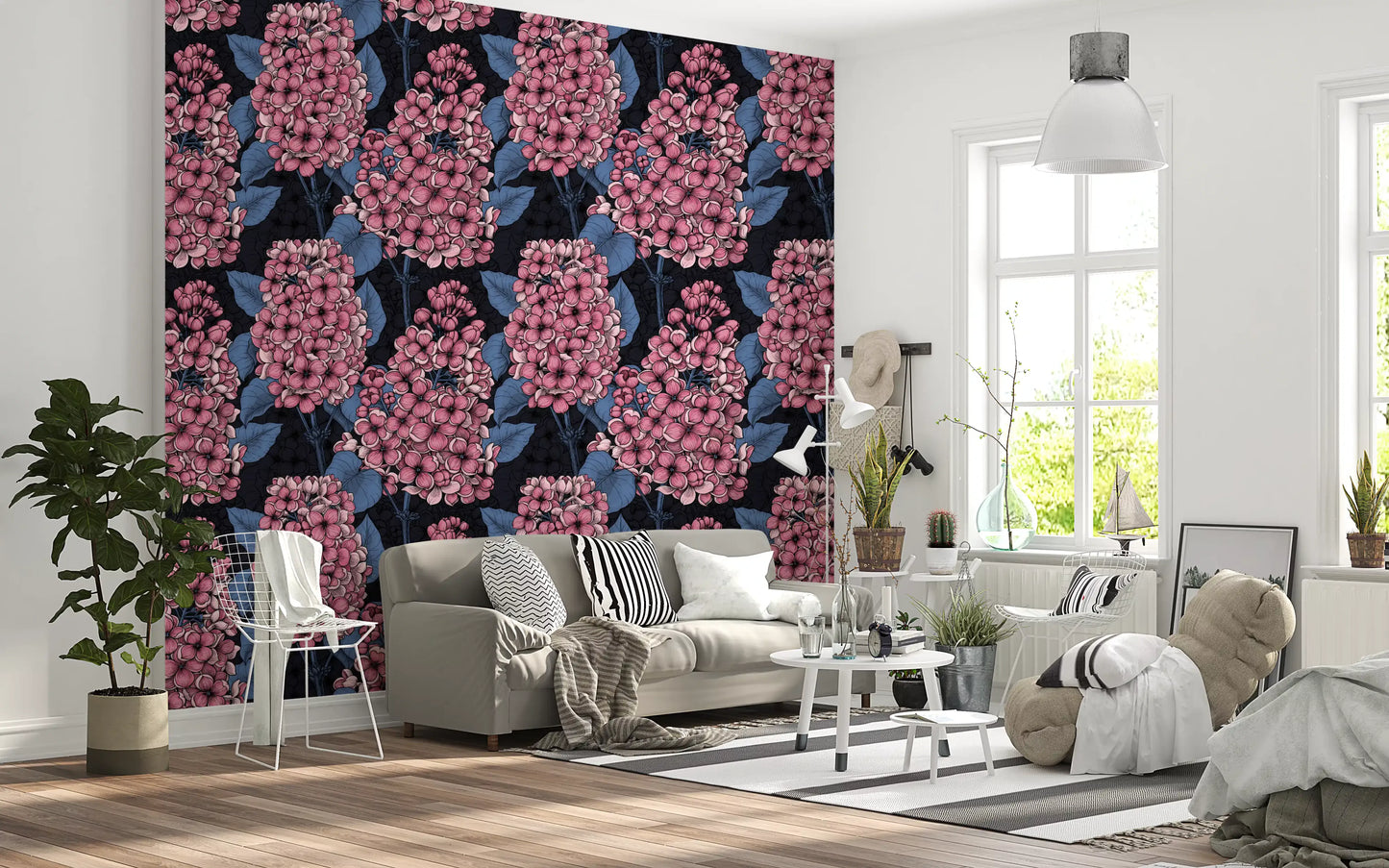 Dark background Lilac Wallpaper with pink petals and blue leaf accents., GD9825
