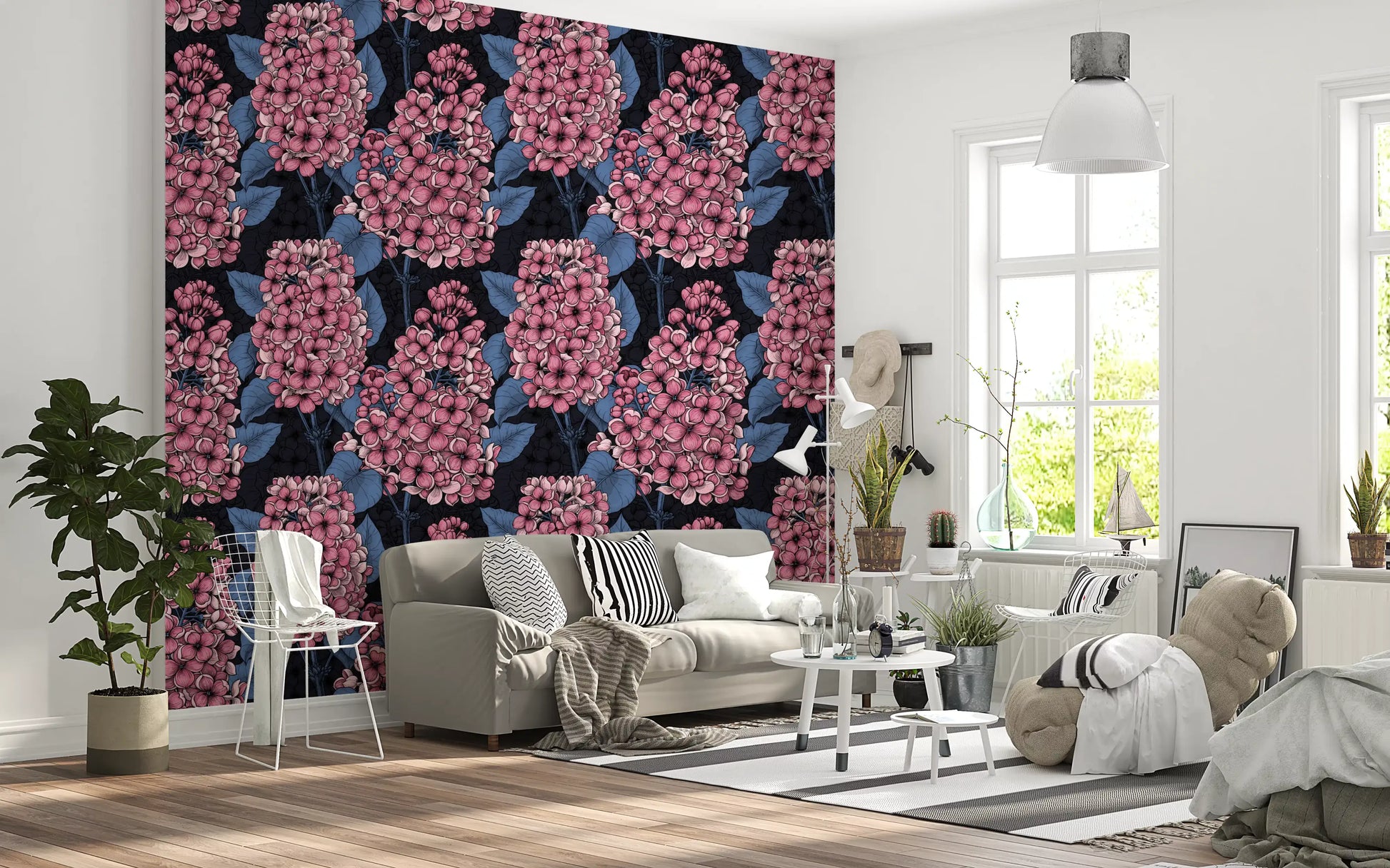 Dark background Lilac Wallpaper with pink petals and blue leaf accents., GD9825
