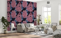 Dark background Lilac Wallpaper with pink petals and blue leaf accents., GD9825
