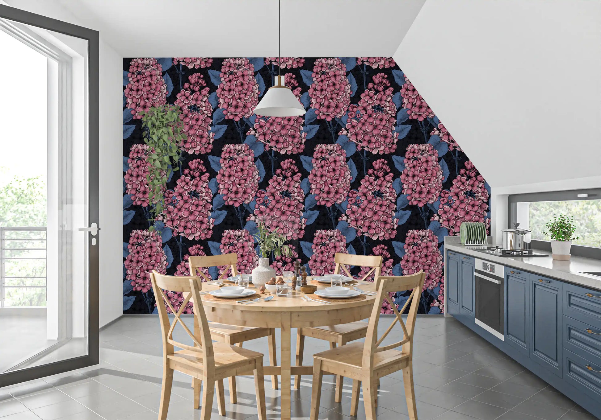 Pink lilac bloom illustration on dark background for floral wallpaper., GD9825