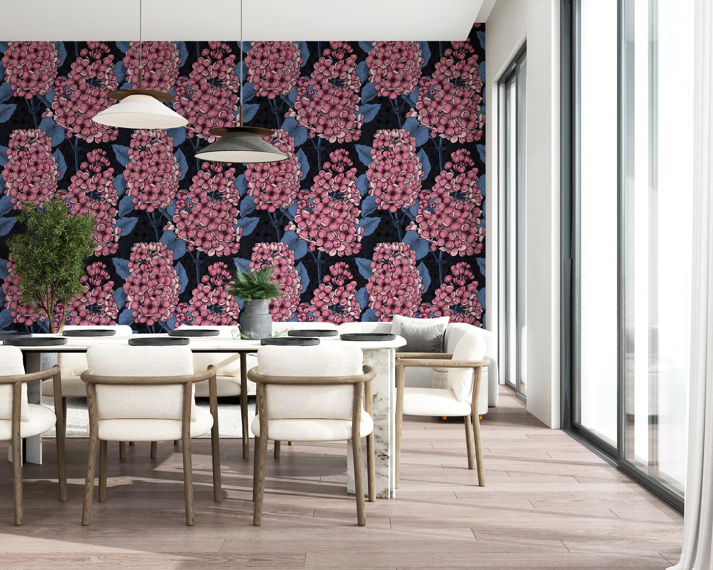 Pink lilac pattern wallpaper for dining room with dark blue foliage detail., GD9825