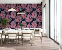 Pink lilac pattern wallpaper for dining room with dark blue foliage detail., GD9825