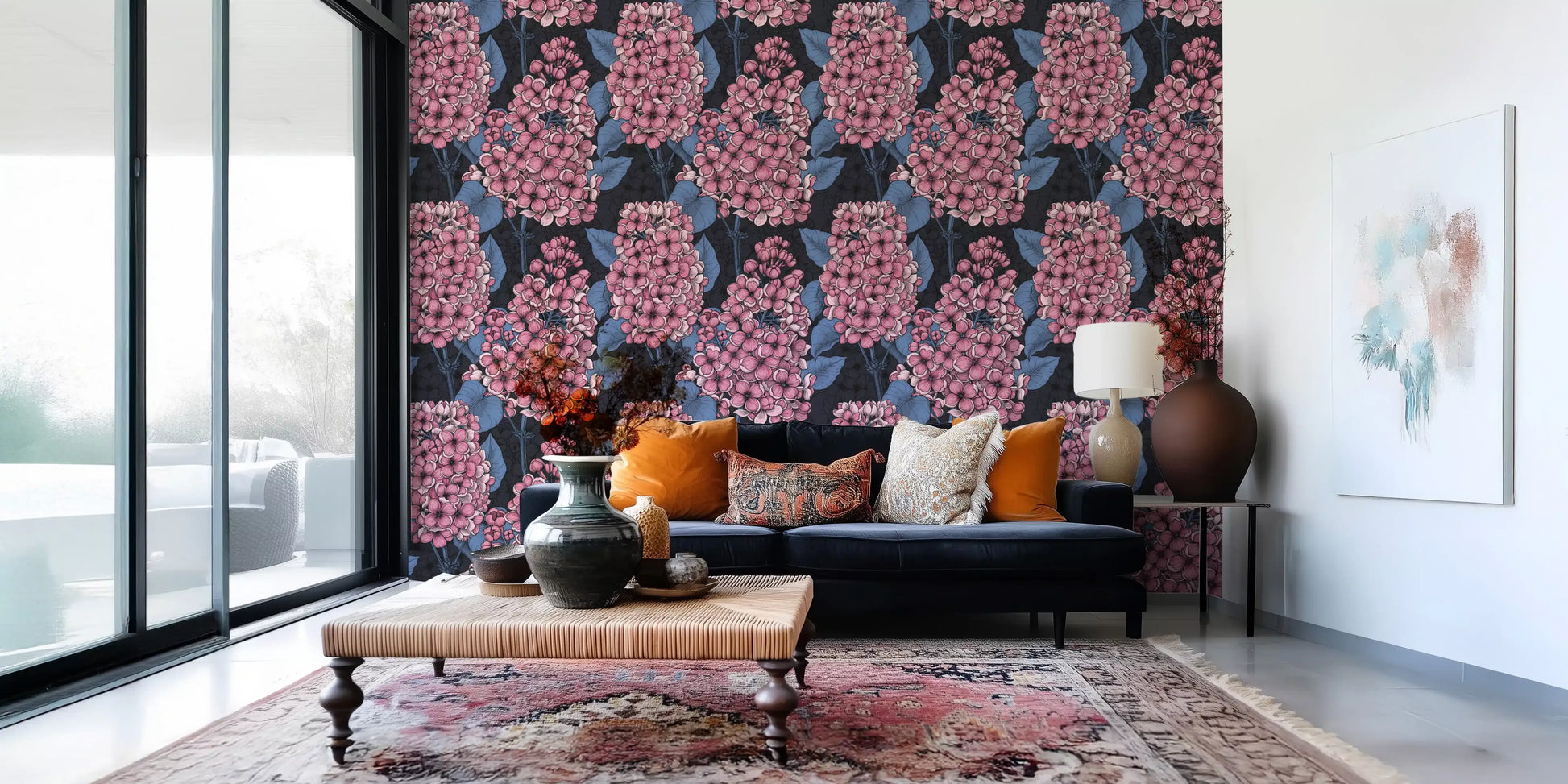 Pink lilac flower clusters with dark blue leaves on textured wallpaper., GD9825