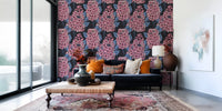 Pink lilac flower clusters with dark blue leaves on textured wallpaper., GD9825