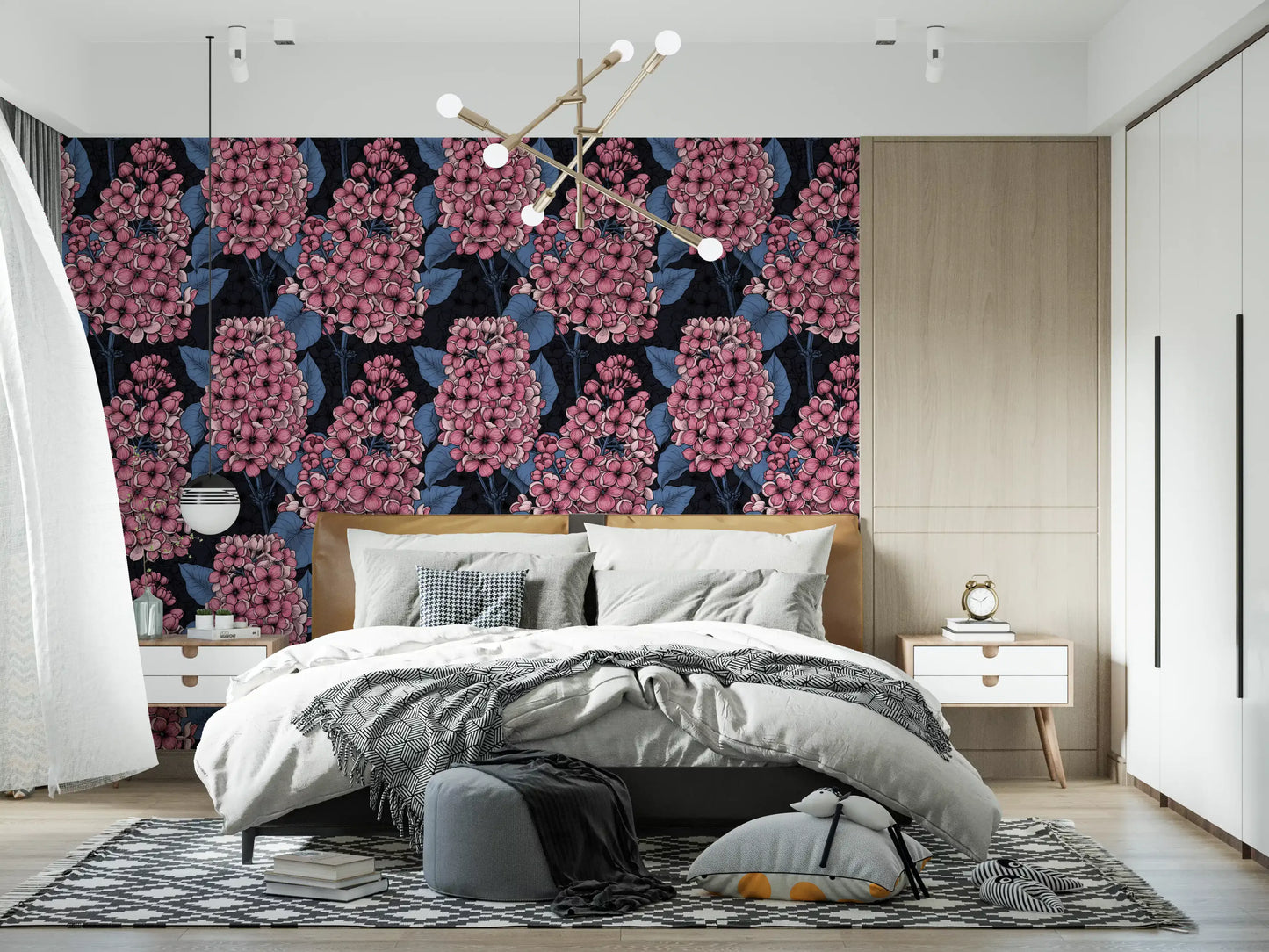 Detailed botanical illustration of pink lilac flowers on this wallpaper., GD9825