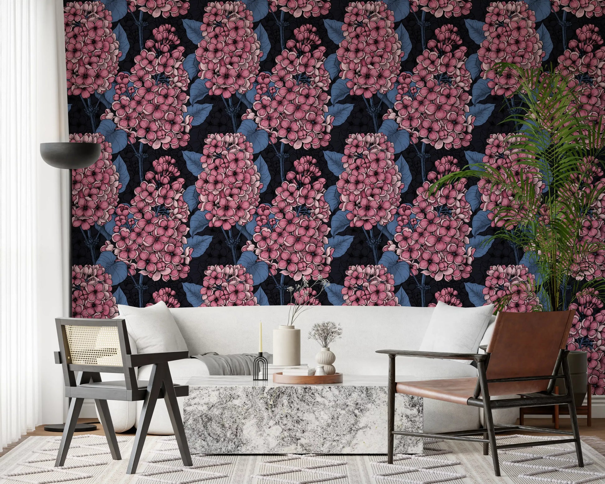 Pink lilac clusters and blue leaves wallpaper for bright living room., GD9825