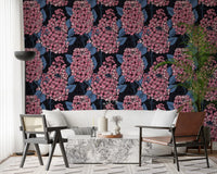 Pink lilac clusters and blue leaves wallpaper for bright living room., GD9825