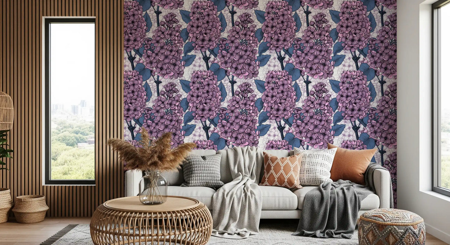 Detailed Lilac Wallpaper featuring hand-drawn botanical blooms for living room., GD9826