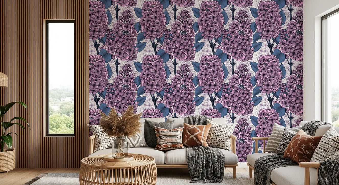 Purple Lilac Wallpaper with vintage floral illustration and dark blue leaves for living room.