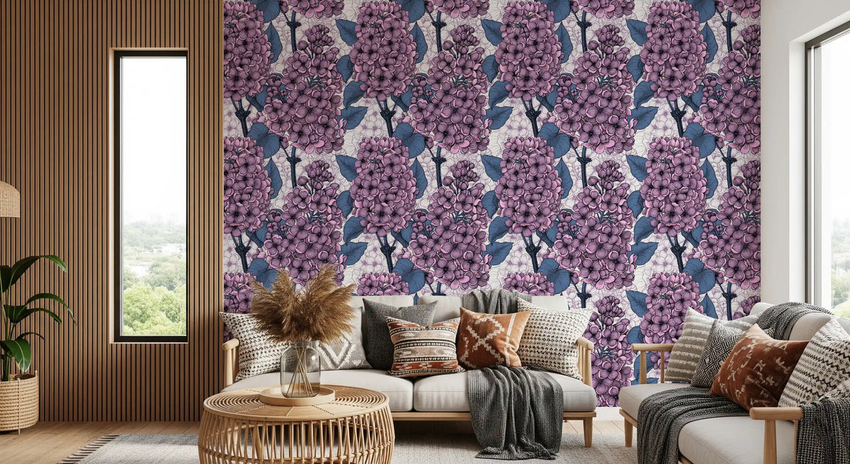 Purple Lilac Wallpaper with vintage floral illustration and dark blue leaves for living room., GD9826