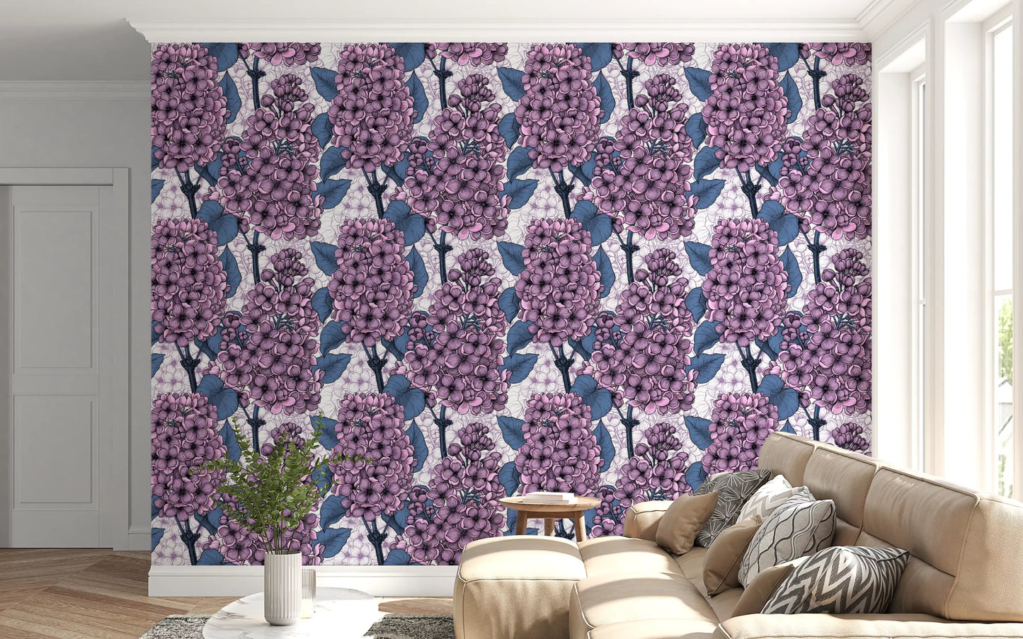 Vintage botanical wallpaper with purple flower clusters and intricate line art., GD9826