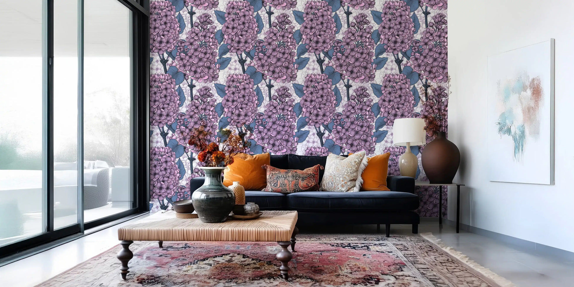 Illustrated lilac wallpaper showcasing detailed botanical petals and stems., GD9826