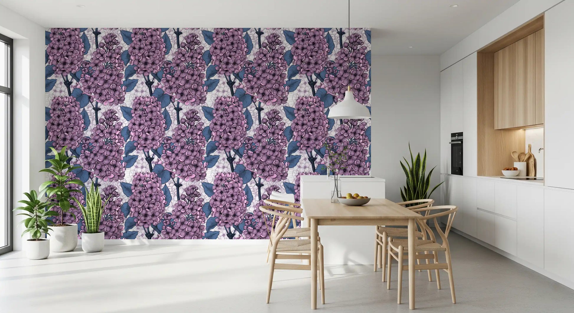 Purple lilac floral wallpaper with navy blue leaf accents in traditional style., GD9826