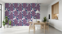 Purple lilac floral wallpaper with navy blue leaf accents in traditional style., GD9826