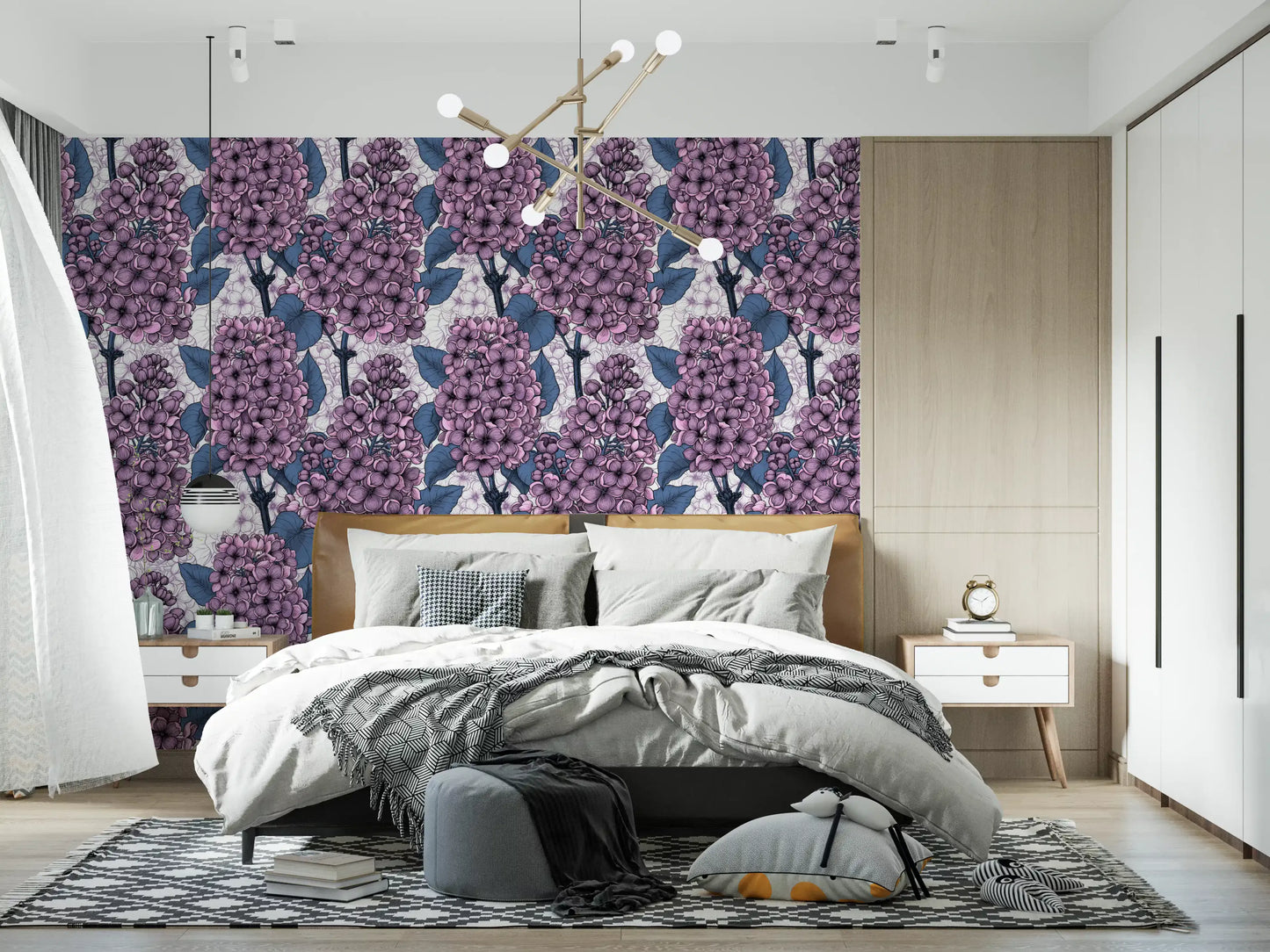 Lilac Wallpaper with dark foliage on a white background for a bedroom wall., GD9826
