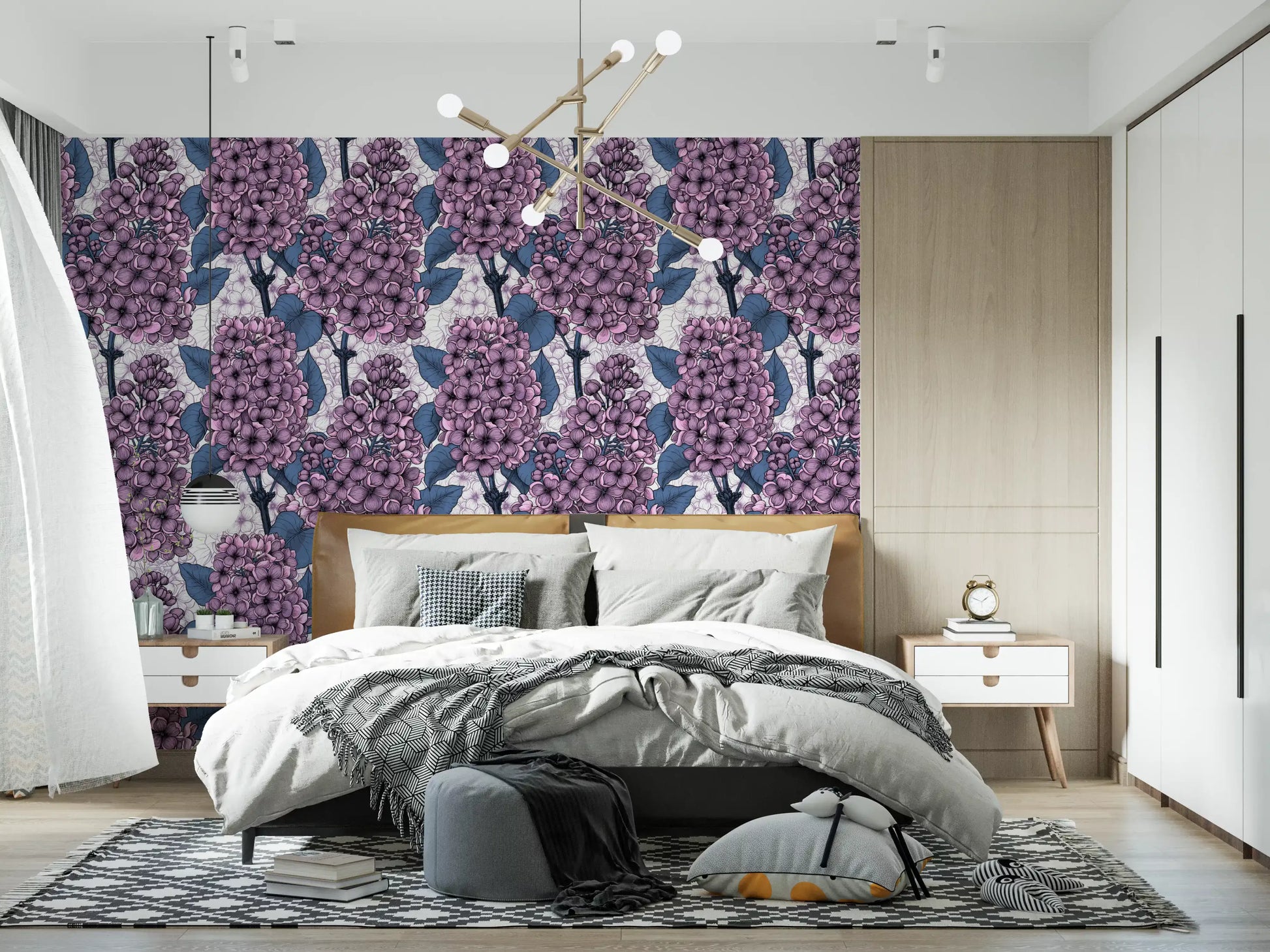 Lilac Wallpaper with dark foliage on a white background for a bedroom wall., GD9826