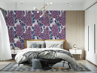 Lilac Wallpaper with dark foliage on a white background for a bedroom wall., GD9826