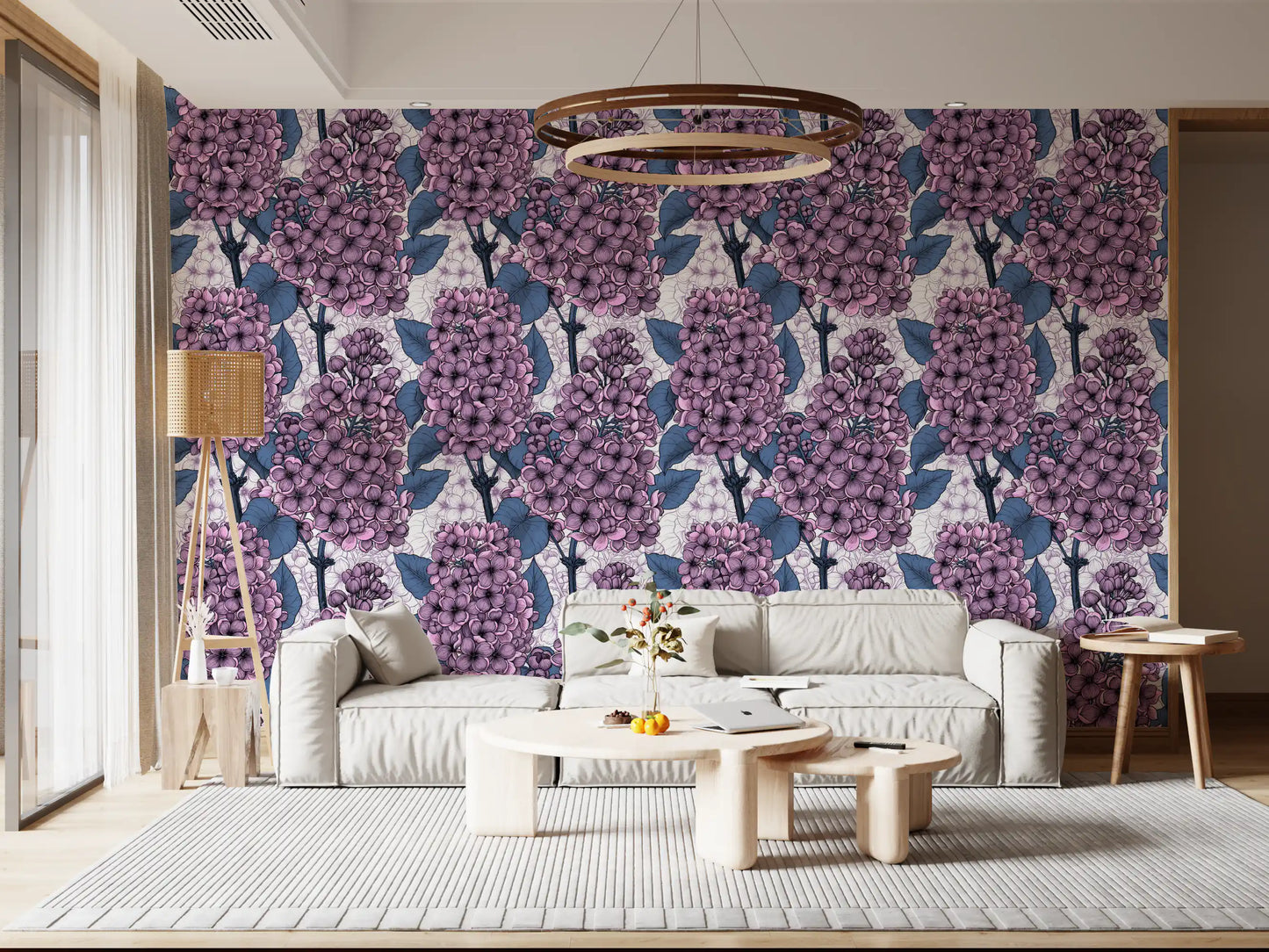 Lilac Wallpaper with engraved flower pattern for hallway backdrop., GD9826