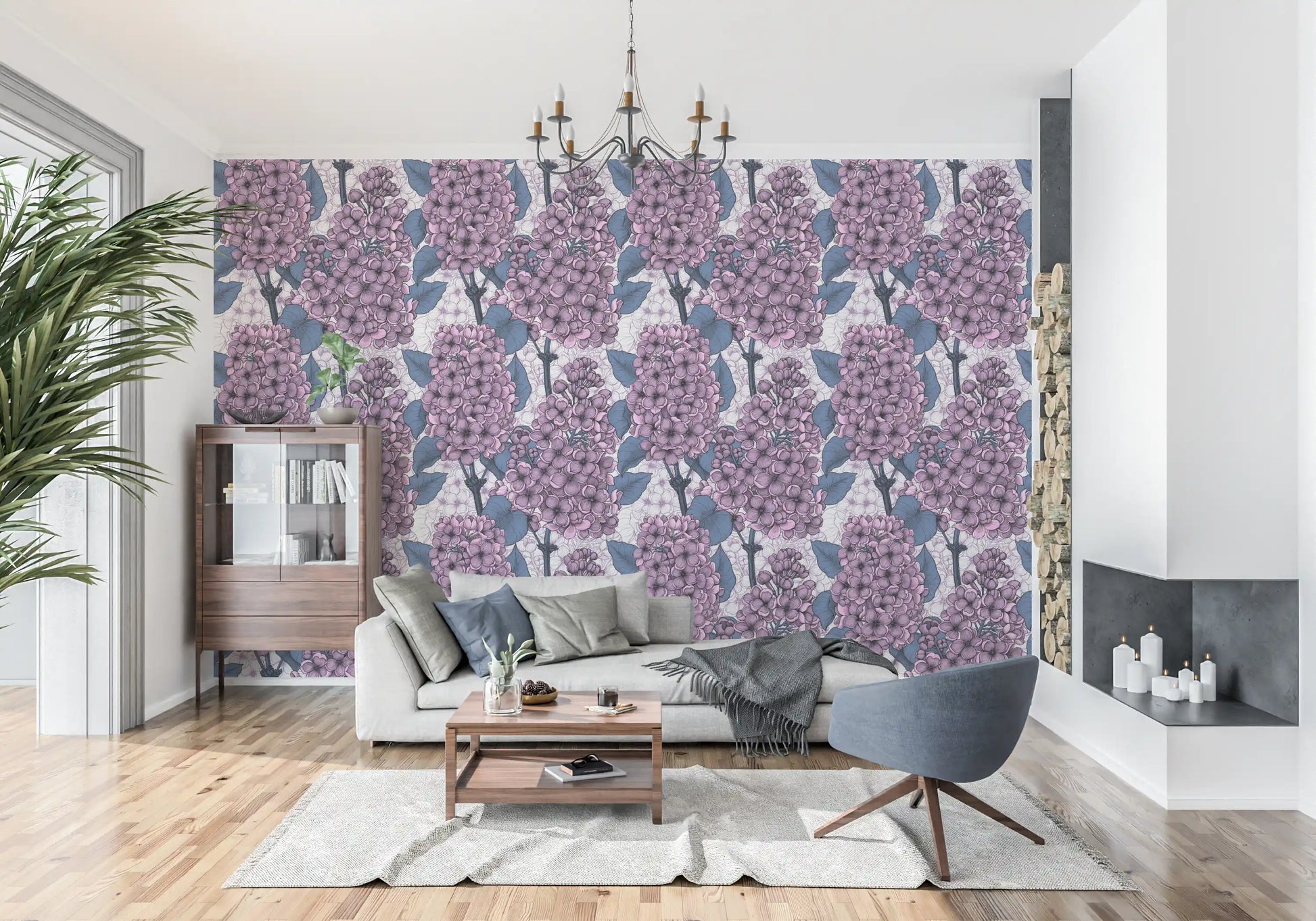 Modern purple floral wallpaper for living room wall styling with dark blue leaves., GD9826