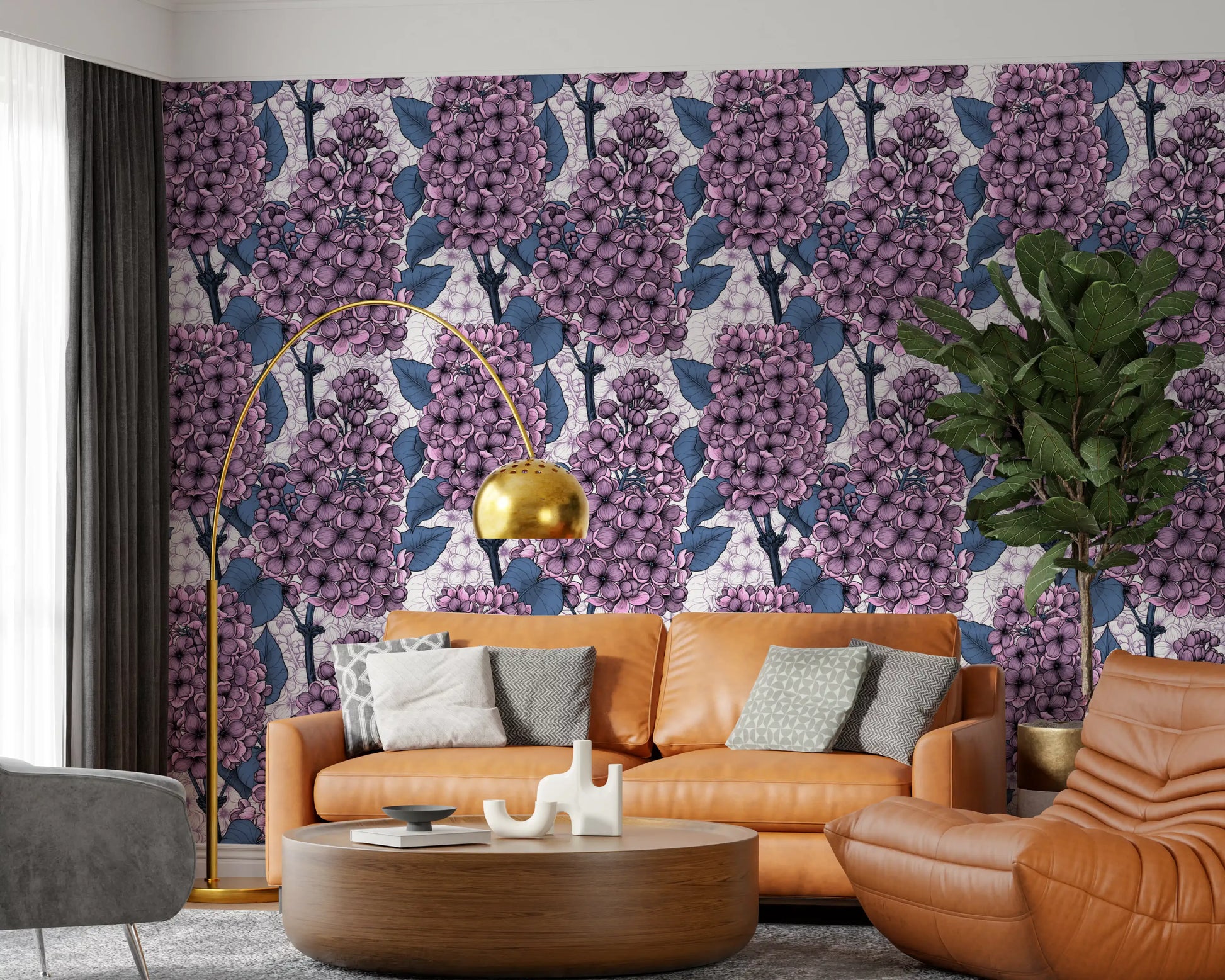 Large lilac blooms on a wallpaper with a white and purple patterned background., GD9826