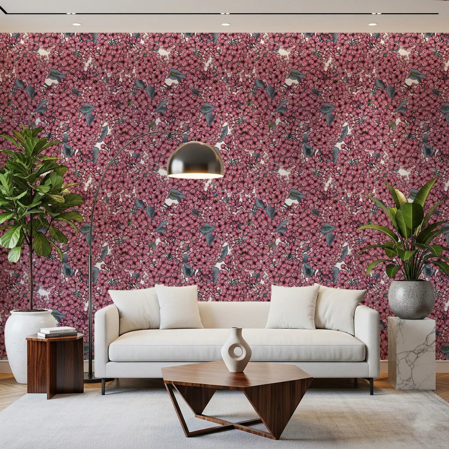 Hand painted pink floral wallpaper with small garden insects and grey leaves for hallway.