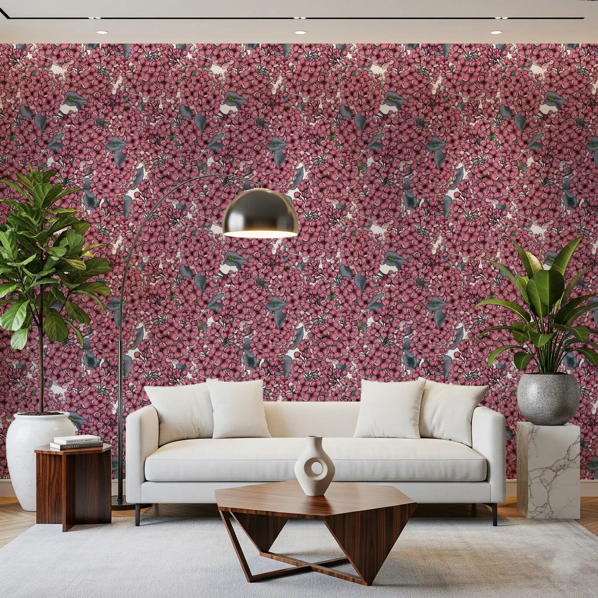 Hand painted pink floral wallpaper with small garden insects and grey leaves for hallway.