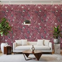 Hand painted pink floral wallpaper with small garden insects and grey leaves for hallway.