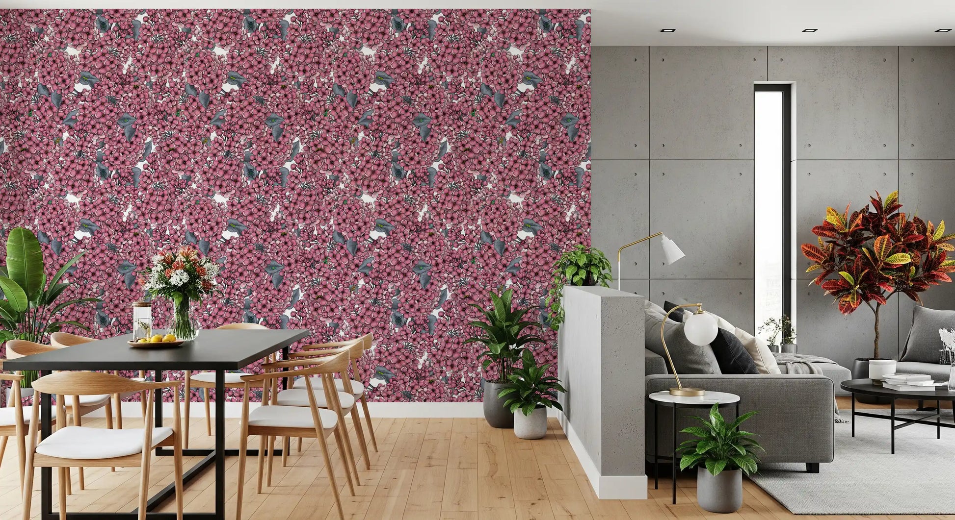 Detailed pink lilac garden wallpaper showing small bees and beetles on floral stems.