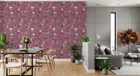 Detailed pink lilac garden wallpaper showing small bees and beetles on floral stems.