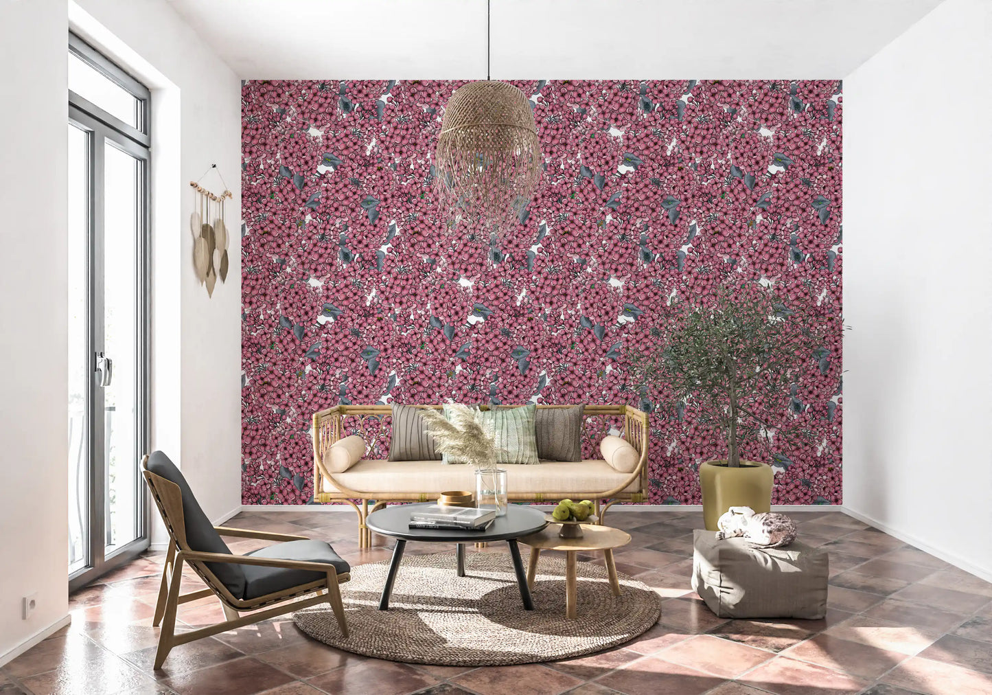 Detailed garden wallpaper featuring pink petals and grey stems on a white background.