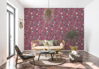 Detailed garden wallpaper featuring pink petals and grey stems on a white background.