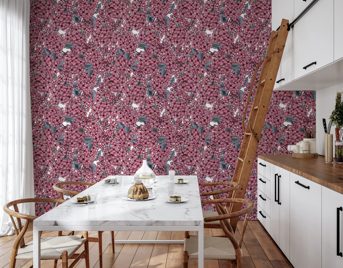 Floral pattern wallpaper featuring pink lilac petals and grey foliage for a dining room.