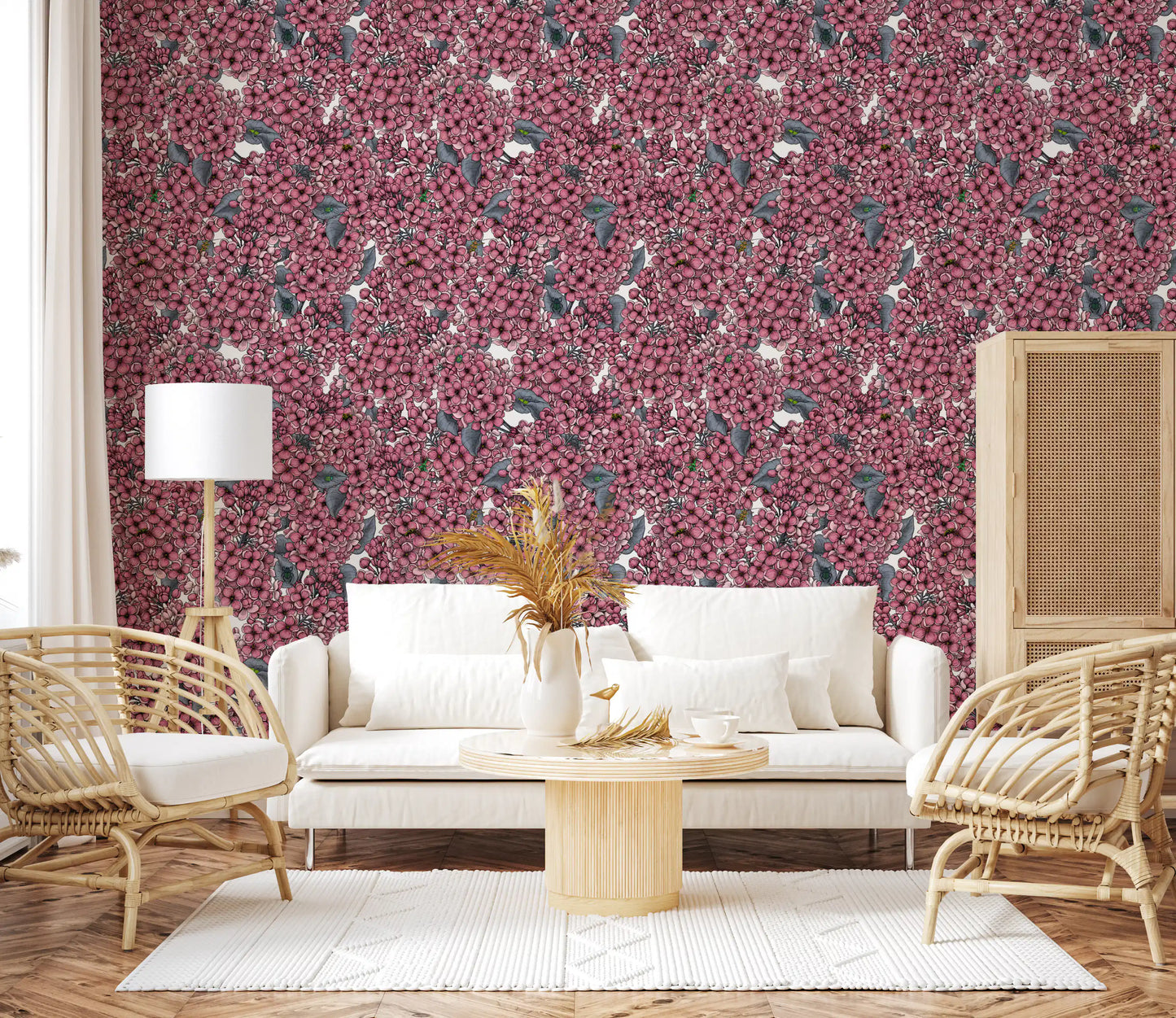 Botanical wallpaper with pink lilac flowers and grey leaves for a living area.