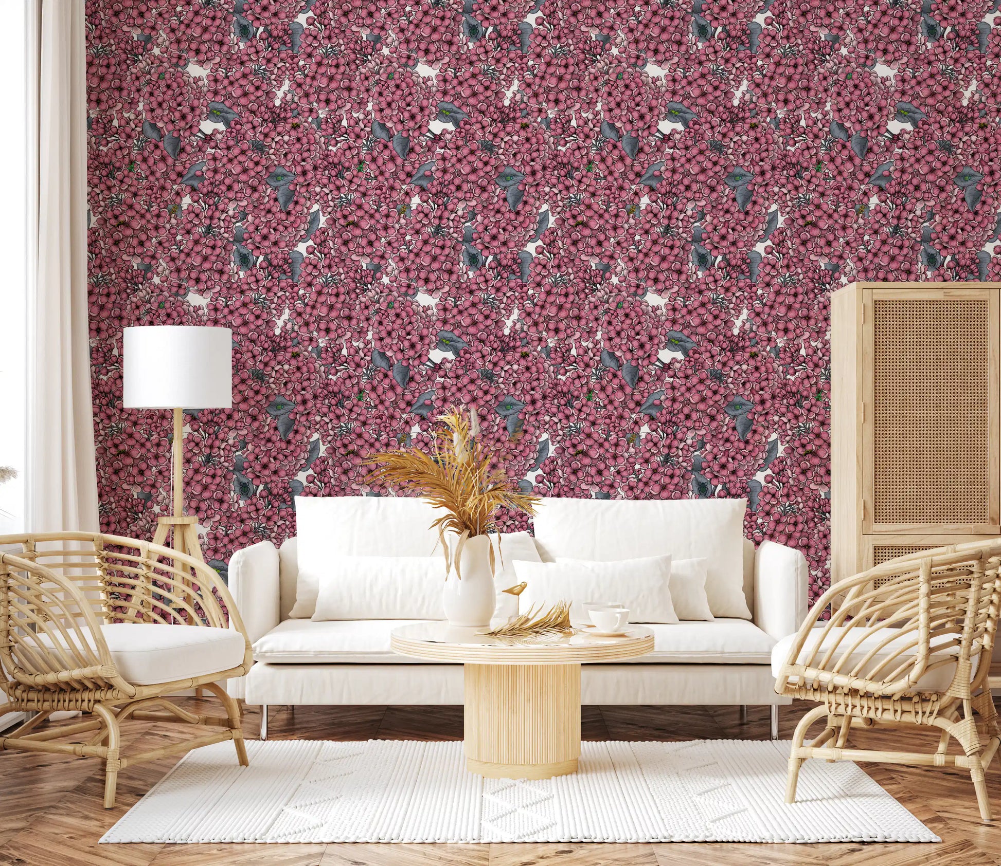 Botanical wallpaper with pink lilac flowers and grey leaves for a living area.