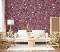 Botanical wallpaper with pink lilac flowers and grey leaves for a living area.
