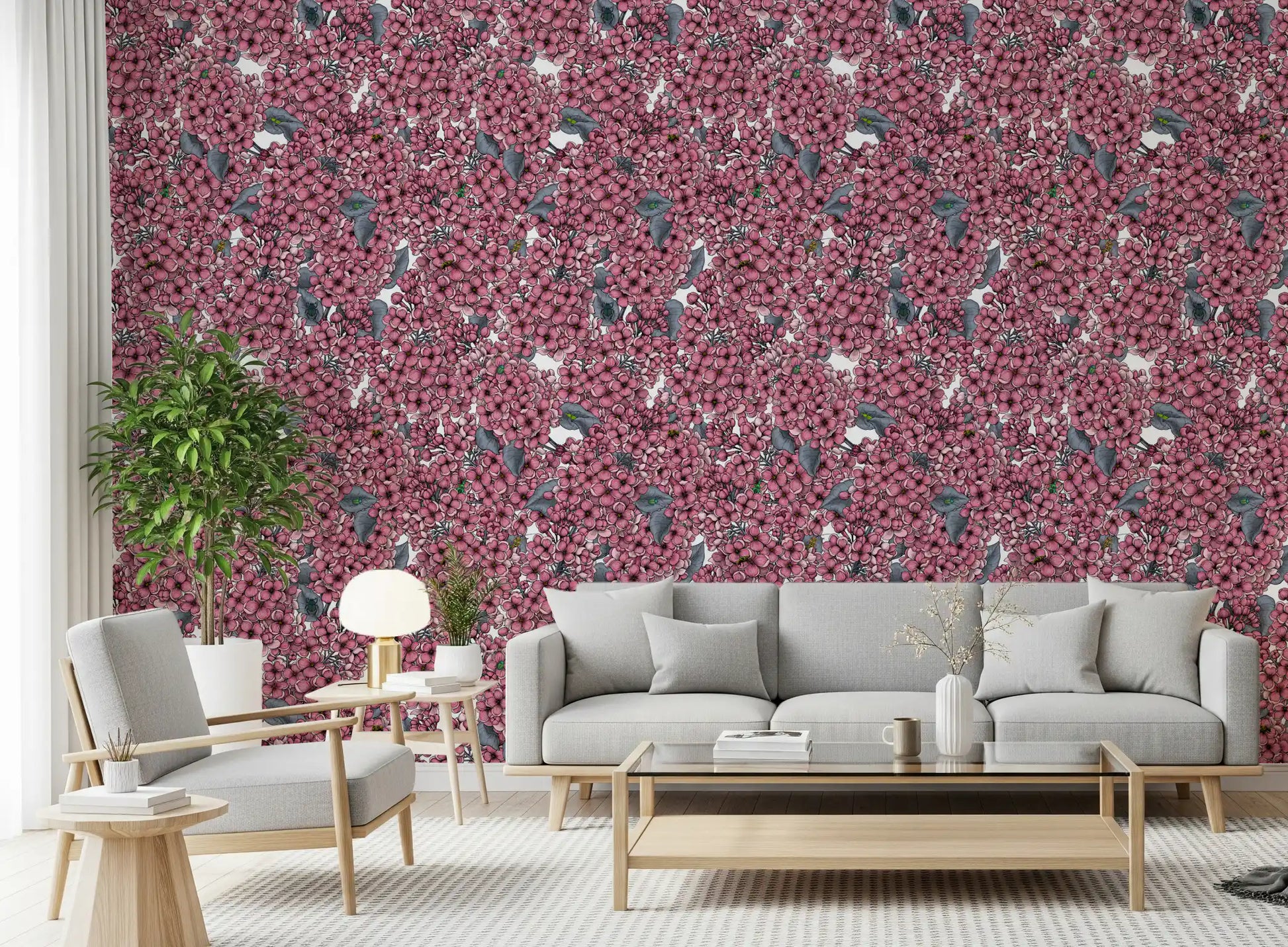 Pink Lilac garden Wallpaper with hand drawn botanical illustrations and green insects.