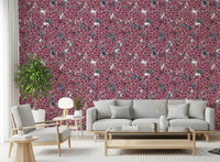 Pink Lilac garden Wallpaper with hand drawn botanical illustrations and green insects.