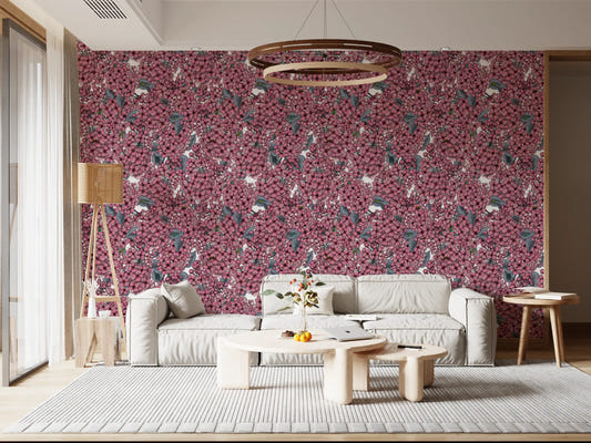 Pink Lilac garden Wallpaper with pink floral blooms and grey leaves for living room.