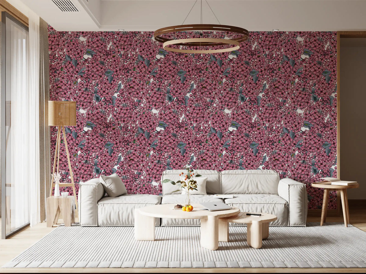 Pink Lilac garden Wallpaper with pink floral blooms and grey leaves for living room., GD9827