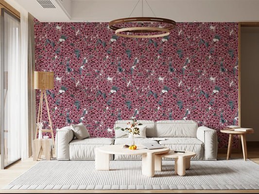 Pink Lilac garden Wallpaper with pink floral blooms and grey leaves for living room.