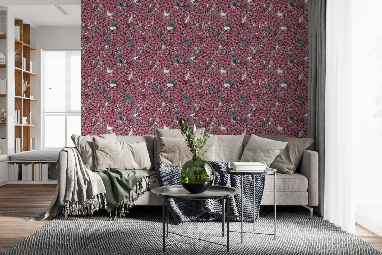 Floral lilac wallpaper with pink blooms and small bees for a living room backdrop.