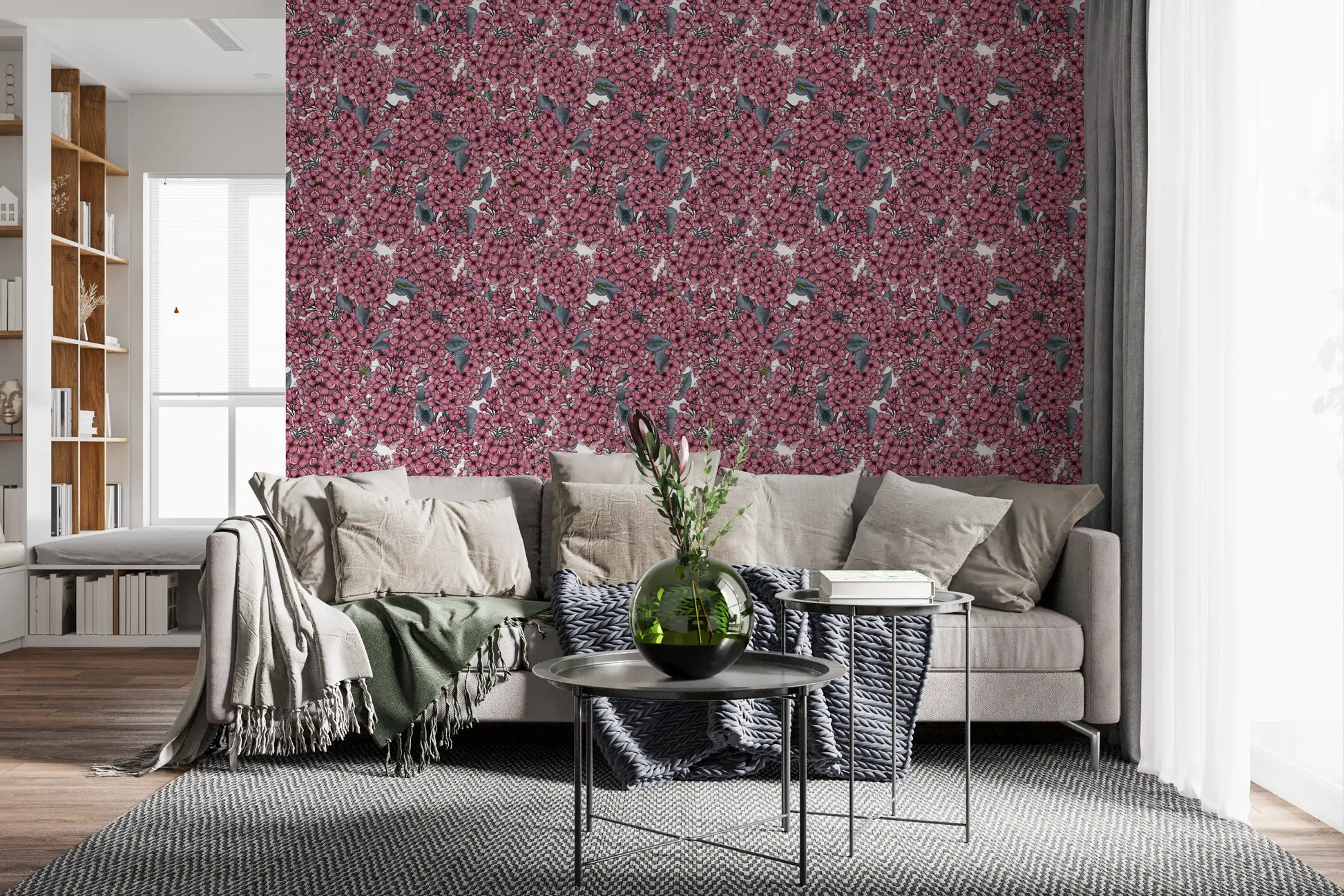 Floral lilac wallpaper with pink blooms and small bees for a living room backdrop.